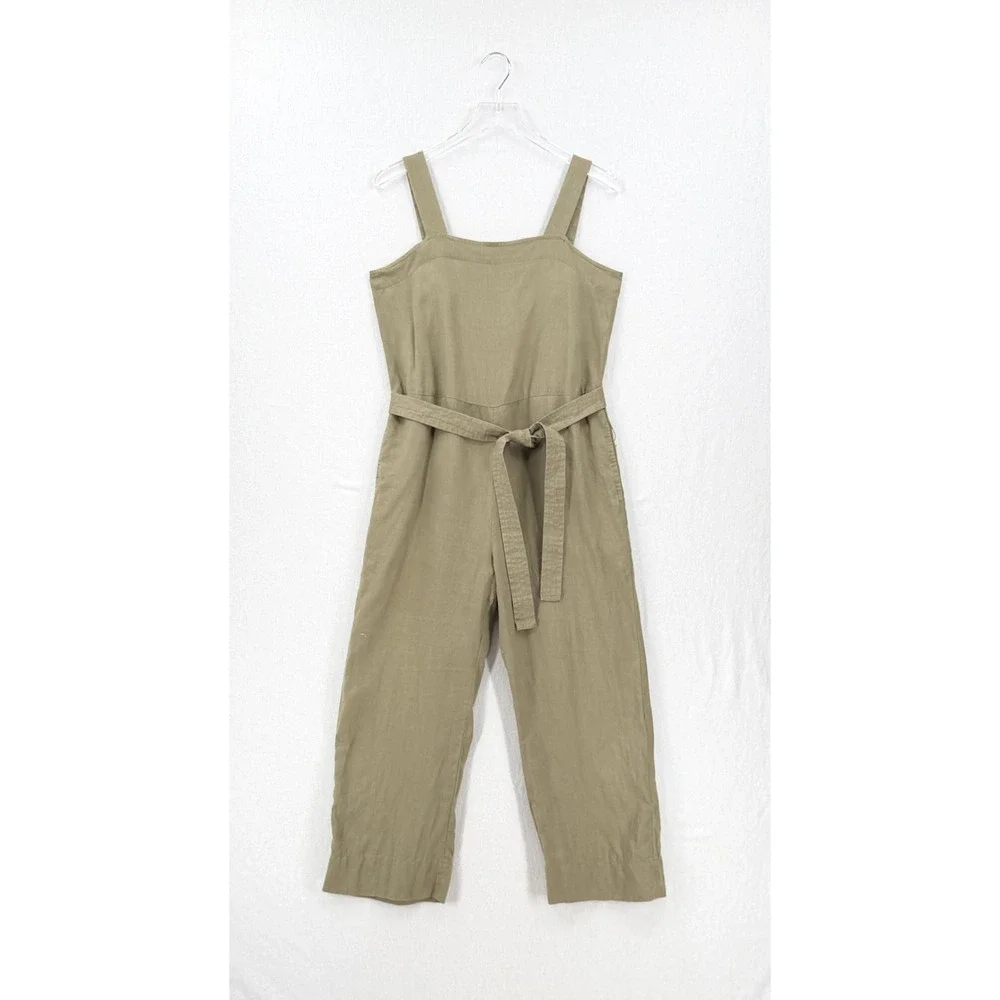 QUINCE Square Neck Linen Jumpsuit Women Medium Olive Green Belted Sleeveless